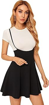 SheIn Women's Basic High Waist Flared Suspender Skirt Overall Dress Without Tee | Amazon (US)