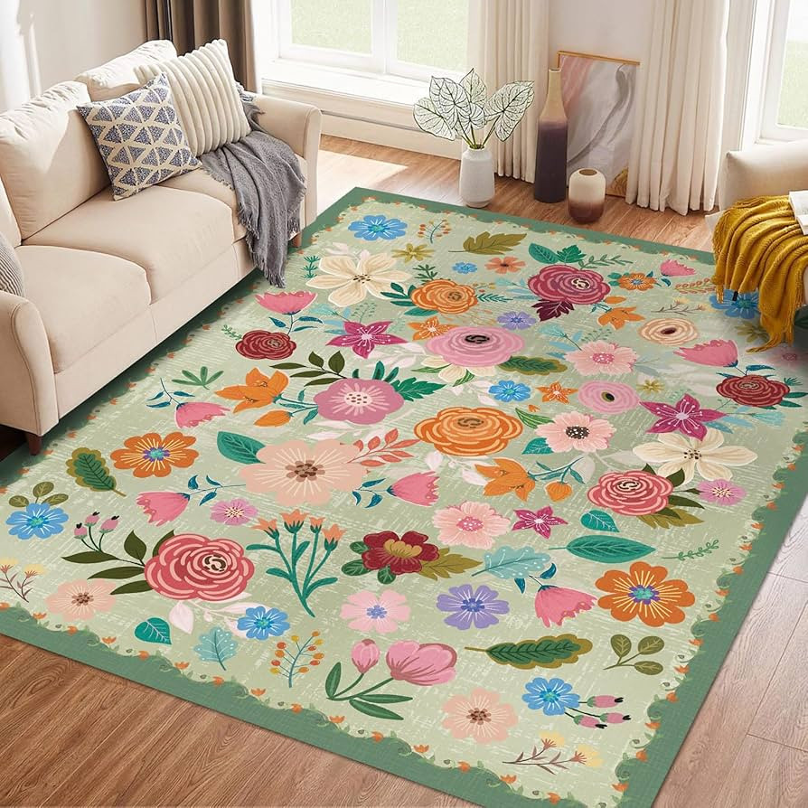 Washable Area Rug 5'×7' Green Large Living Room Rug Floral Non-Slip Soft Boho Colorful Oriental ... | Amazon (US)