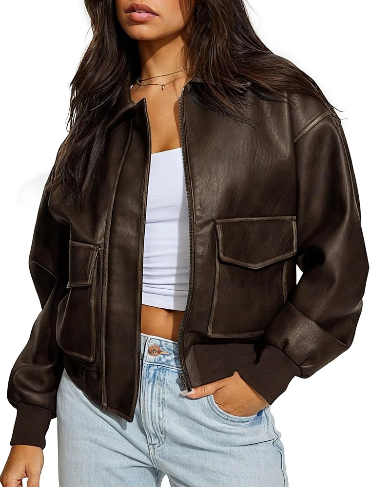 Women's Faux Leather Jacket Trendy 2025 Oversized Zip Up Motorcycle Bomber Jacket Coats Fall Wint... | Amazon (US)