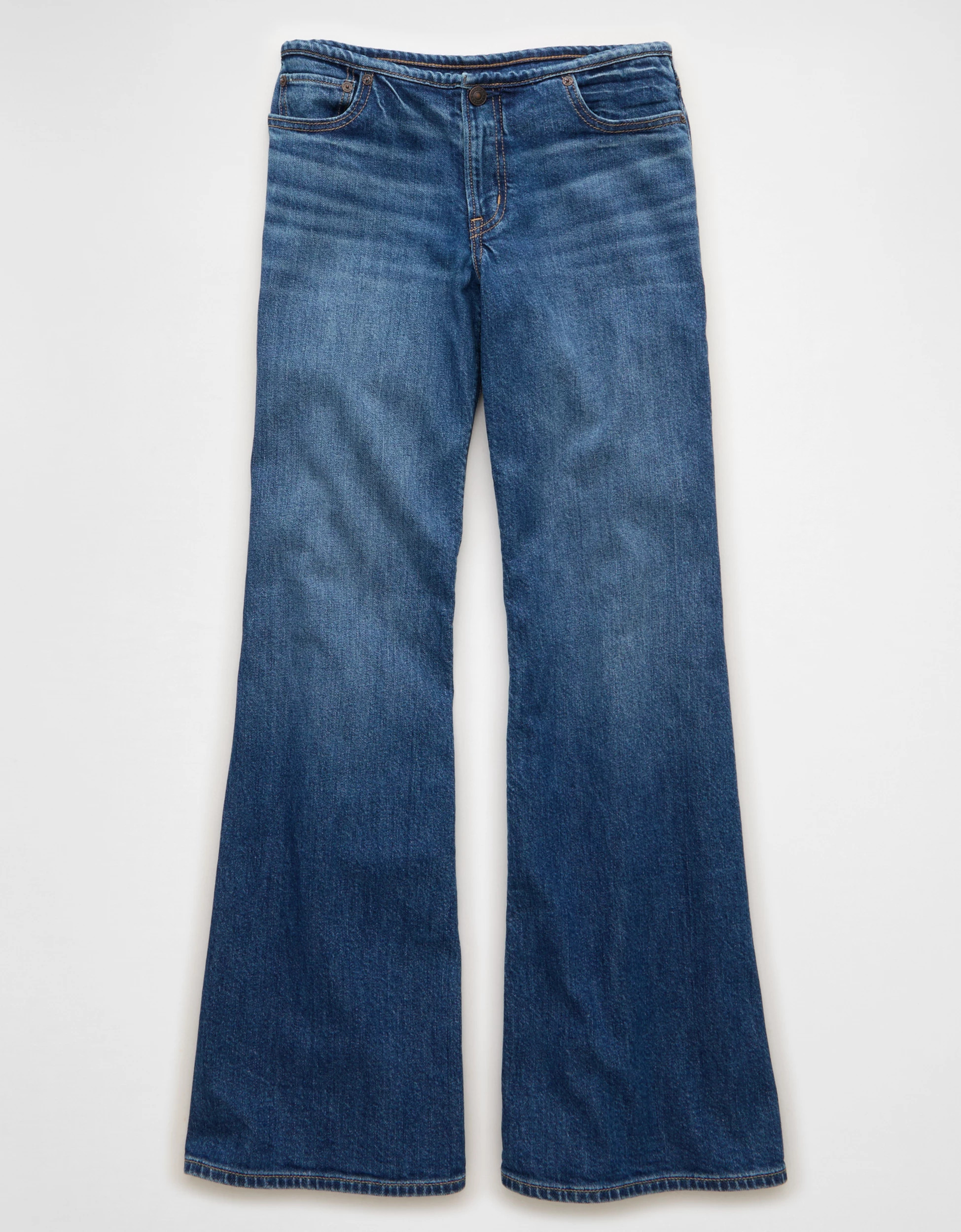 AE Dreamy Drape Stretch Super Low-Rise Baggy Flare Jean | American Eagle Outfitters (US & CA)