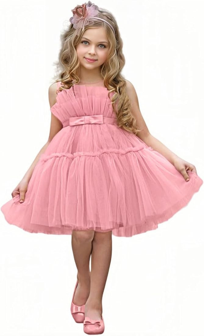 Flower Girl Dresses for Wedding Ruffle Tulle Baby Girl Dress Ball Gown Pageant Dresses with Bow | Amazon (US)