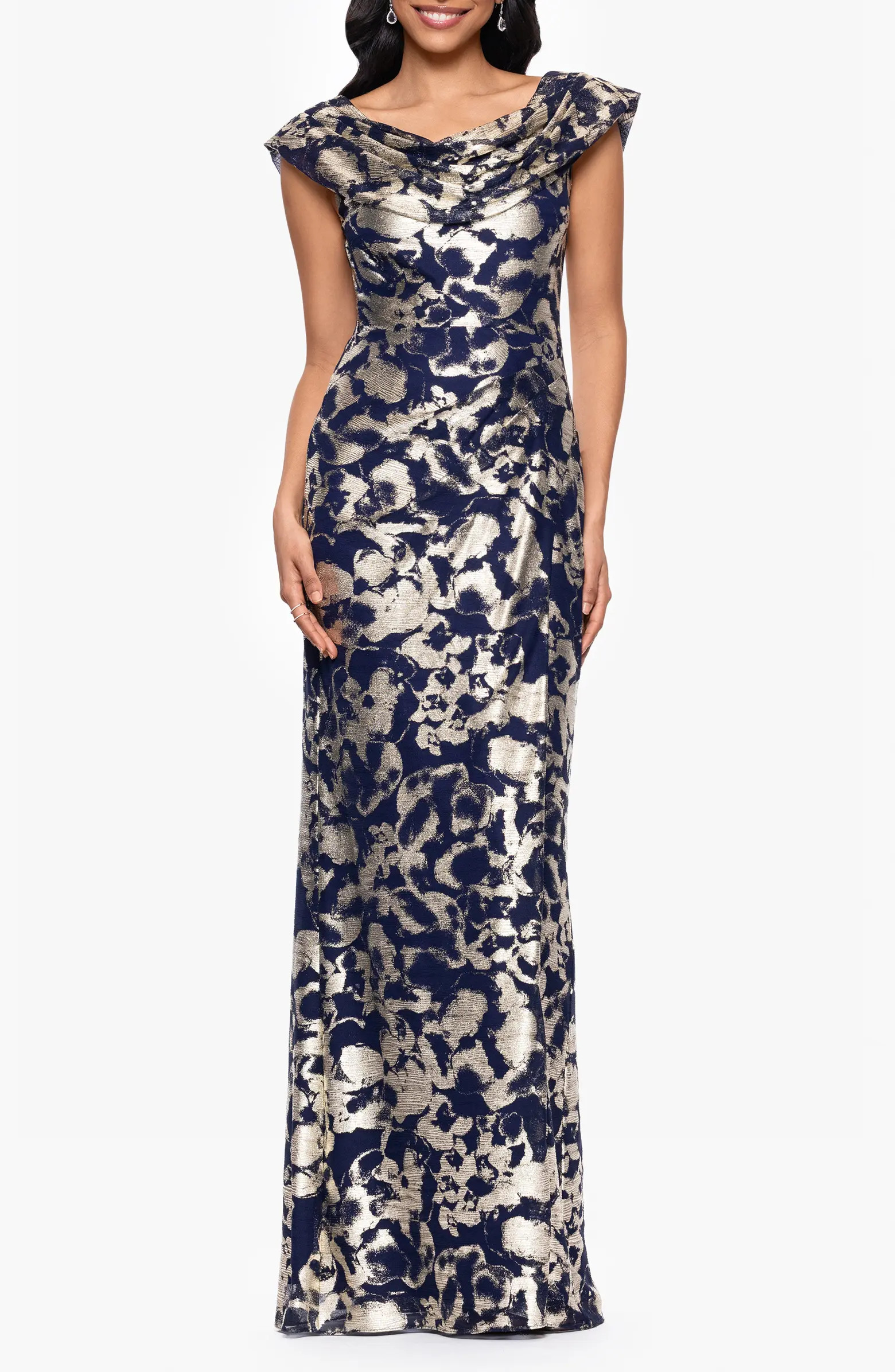Metallic Floral Cowl Neck Sheath Gown | Nordstrom