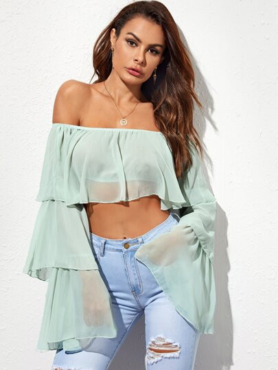 Off Shoulder Layered Sleeve Crop Top | SHEIN