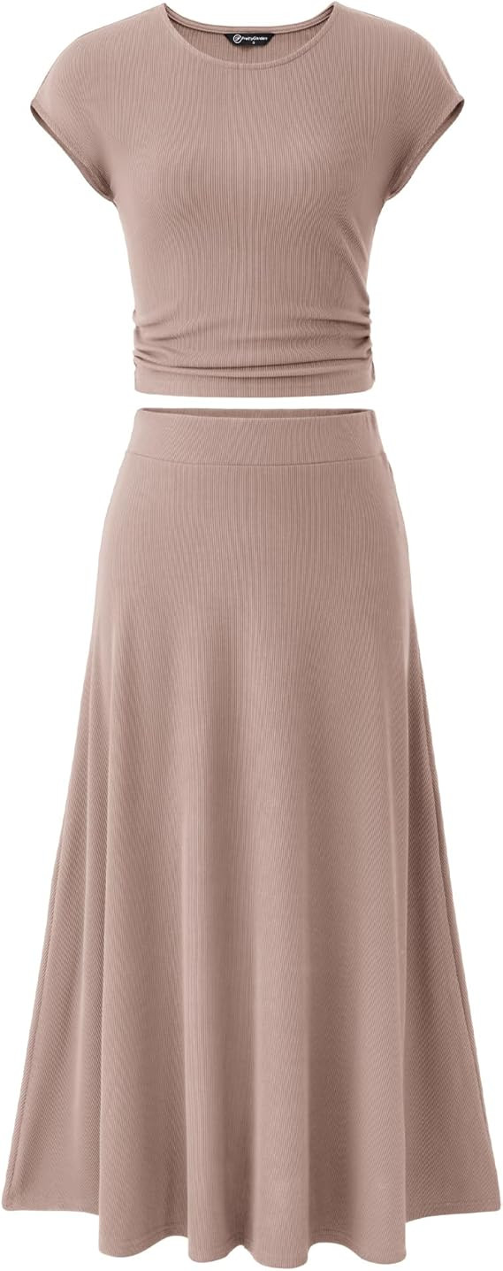 BTFBM Women Two Piece Skirt Set Casual Ribbed Knit Crew Neck Short Sleeve Cropped Top Elastic Wai... | Amazon (US)
