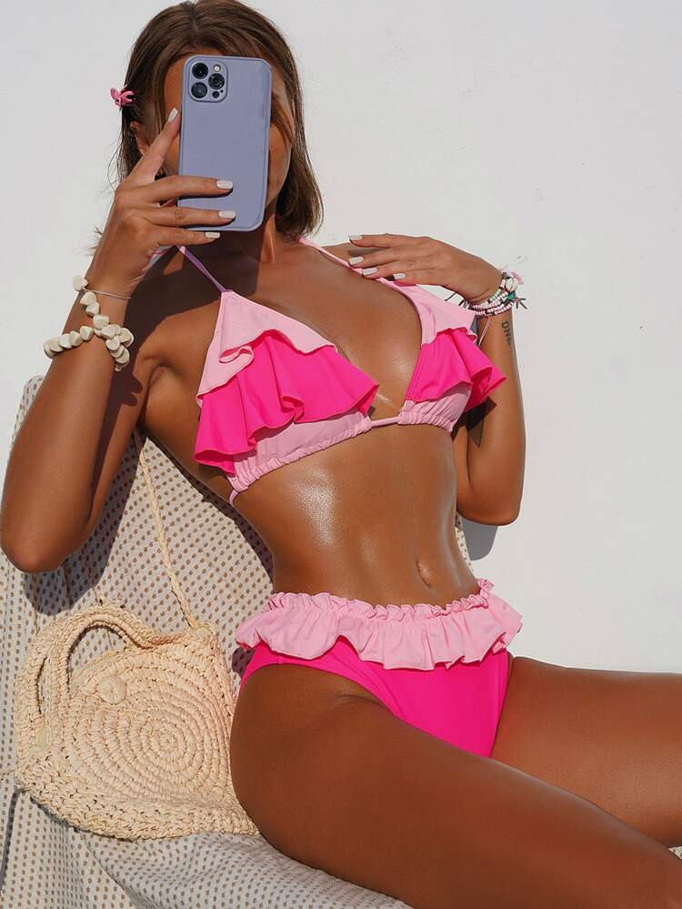 Two Tone Layered Ruffle Trim Halter Bikini Swimsuit | SHEIN