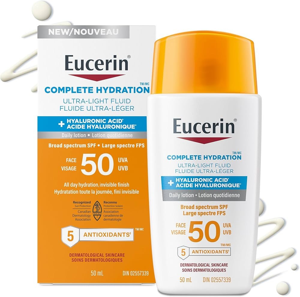 Eucerin Complete Hydration Ultra-Light Fluid Sunscreen, Daily Face Sunscreen SPF 50 With Hyaluron... | Amazon (CA)