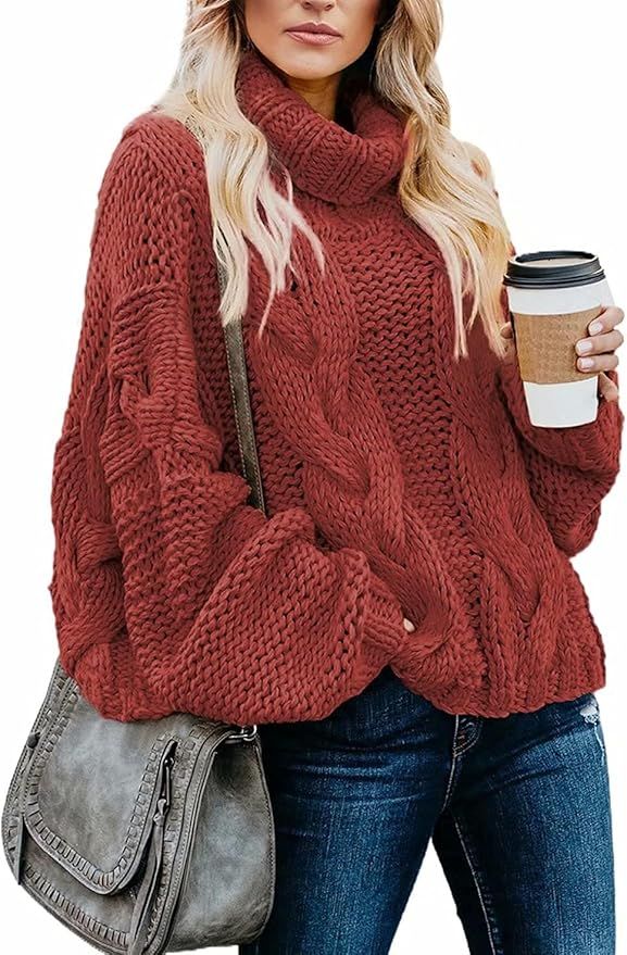 ANFTFH Womens Solid Knit Turtleneck Balloon Long Sleeve Pullover Sweaters Outerwear | Amazon (US)