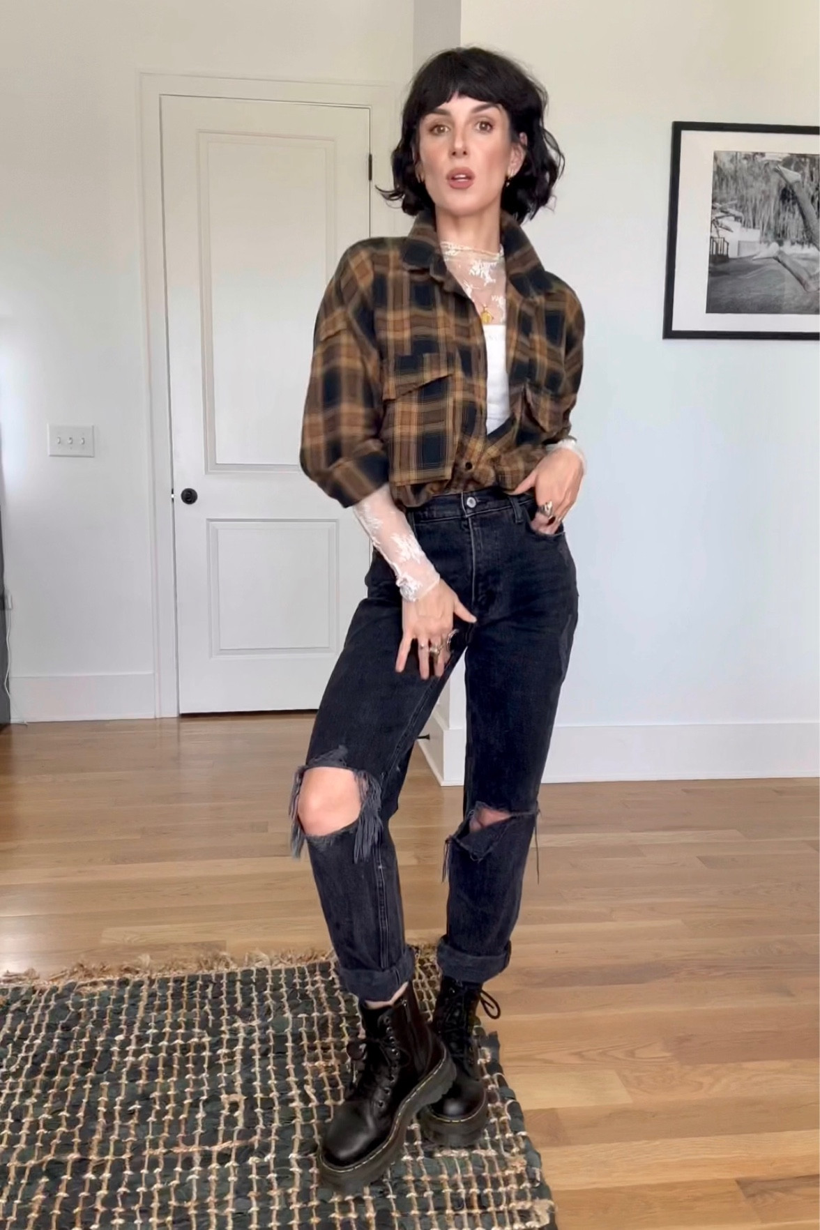 Fall outfit - Fall style - Fall Fashion - ootd - outfit inspo - style inspo - rock and roll style - knit sweater - knit cardigan - ripped jeans - boyfriend jeans - distressed denim - black jeans - plaid shirt - fall flannel - lace layering top - leather and lace - combat boots - dr martens - leather boots - fall boots 

#LTKfindsunder50 #LTKSeasonal #LTKstyletip