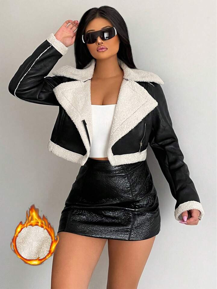 SHEIN SXY Cazadora de moto con forro teddy cuero PU | SHEIN