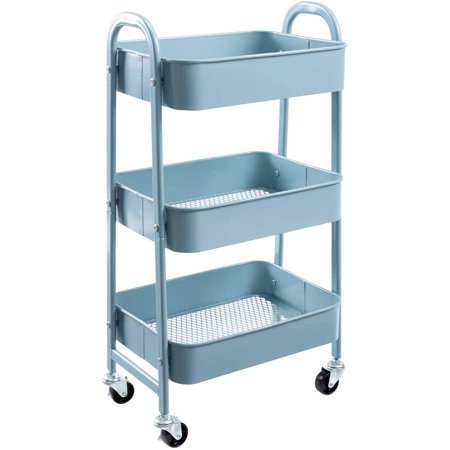 AGTEK Makeup Cart, Movable Rolling Organizer Cart, Grey-Blue 3 Tier Metal Utility Cart | Walmart (US)