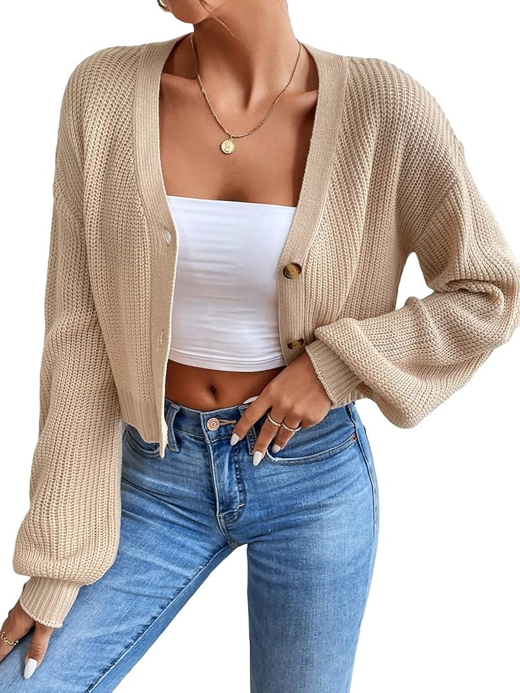 Floerns Women's Solid Long Sleeve Button Down V Neck Cardigan Crop Top Sweater | Amazon (US)