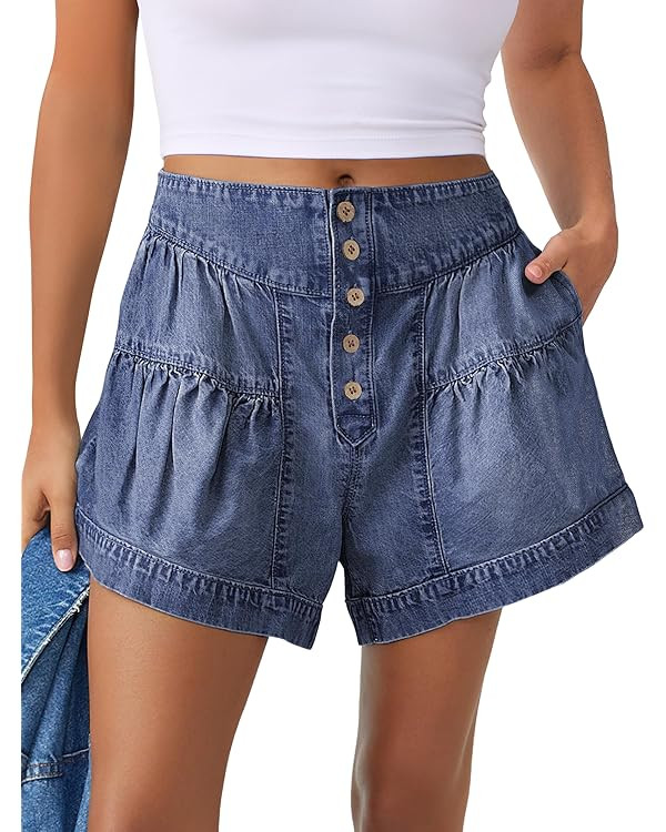 ANRABESS Women's Denim Shorts Summer Baggy High Waisted Flowy Wide Leg Buttons Pleated Casual Jea... | Amazon (US)