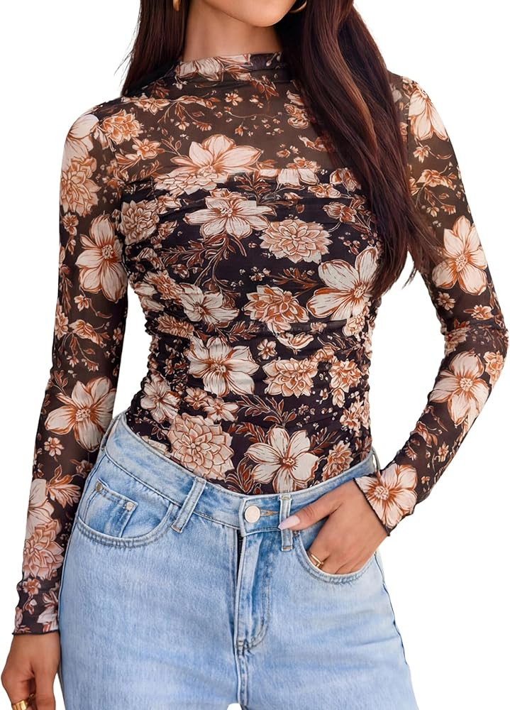 Glamaker Women's Lace Mesh Sexy Tops Long Sleeve Mock Neck Sheer Y2K Date Night Going Out Shirts ... | Amazon (US)