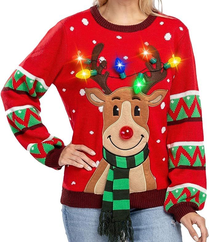 Amazon.com: JOYIN Womens LED Light Up Reindeer Ugly Christmas Sweater Built-in Light Bulbs : Clot... | Amazon (US)