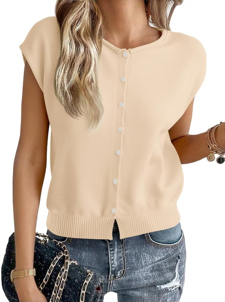 Cicy Bell Womens Cap Sleeve Sweater Vest Lightweight Casual Knit Tank Tops Trendy Crew Neck Butto... | Amazon (US)