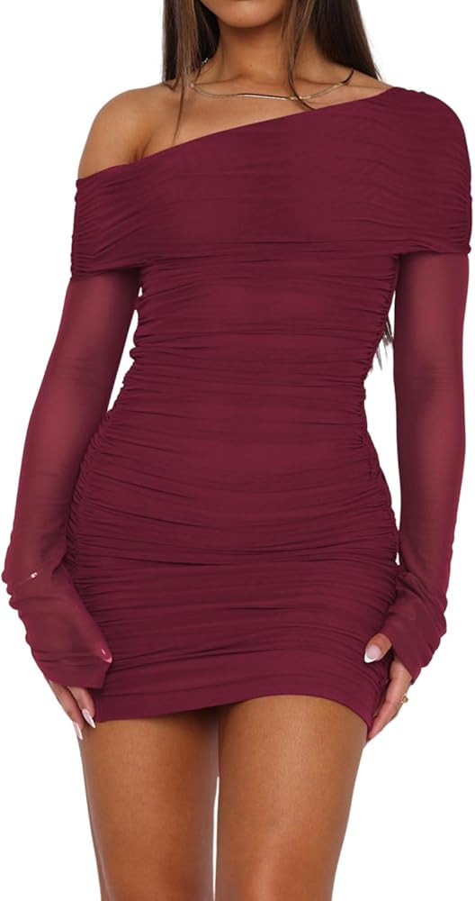Women's Sexy One Shoulder Mesh Dress See Through Long Sleeve Ruched Sheer Mesh Bodycon Club Night... | Amazon (US)