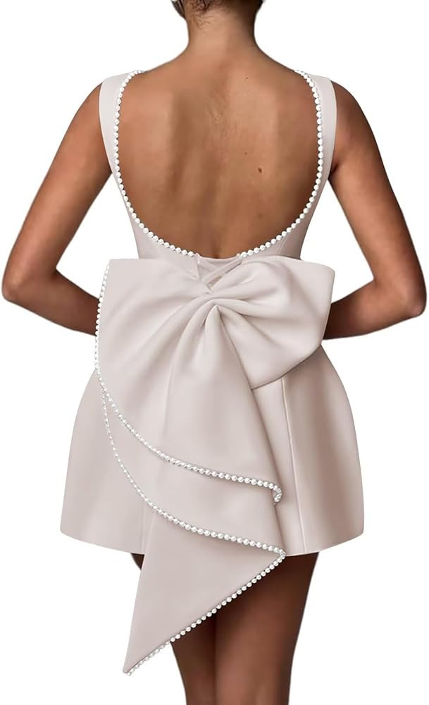 Mini Pearl Cocktail Dress with Bow Satin Evening Dress Backless Bodycon Formal Party Gowns AD045 | Amazon (US)