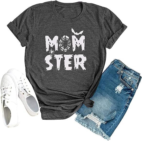 Momster T Shirt Women Funny Halloween Spider Bat Graphic Tee Casual Mom Ster Letter Print Hocus Pocu | Amazon (US)