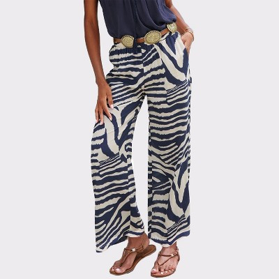Women's Flowy Wide Leg Pull On Pants - LASCANA - Ivory Navy Zebra 2 | Target