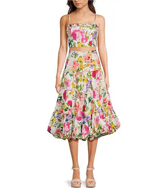 Floral Printed Top & Coordinating Tiered Bubble Hem Skirt Set | Dillard's