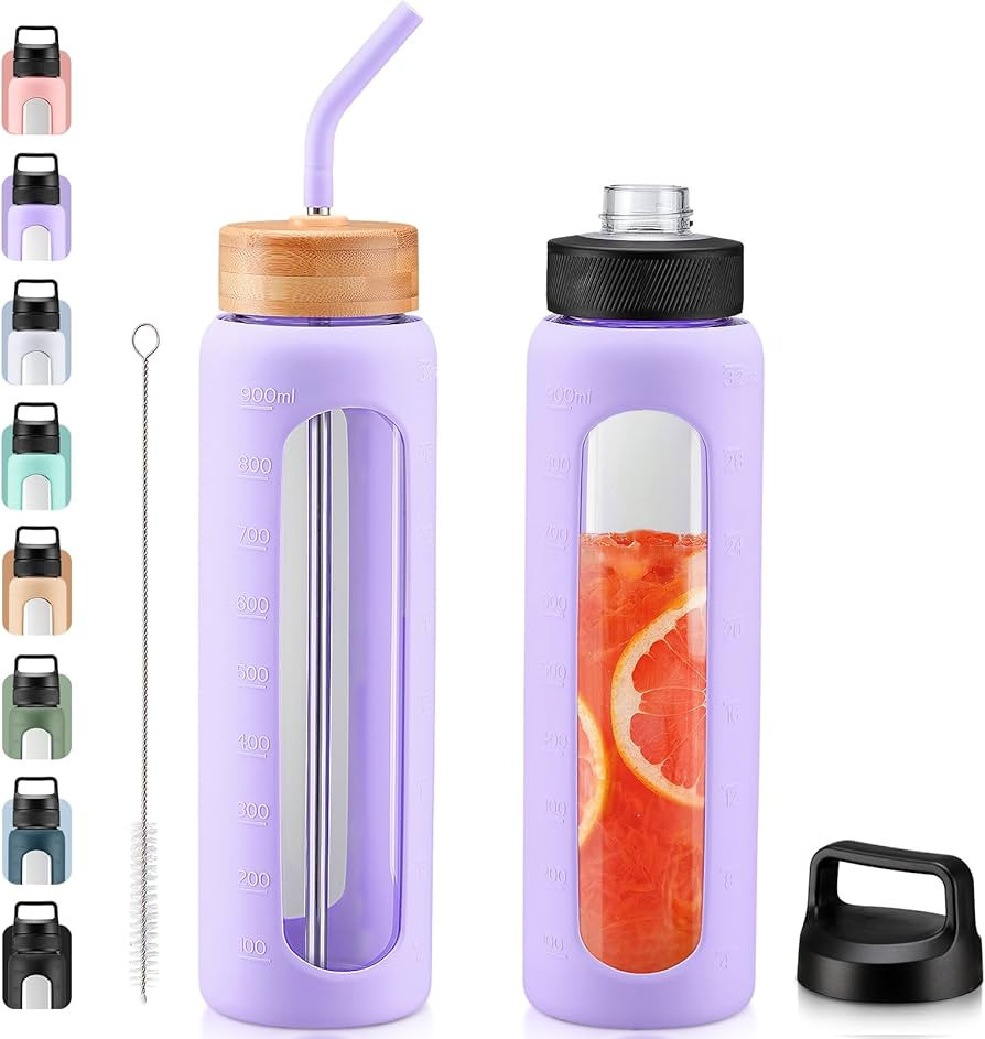 Kodrine Glass Water Bottles 32 oz, 1 Liter Water Bottle with Straw, Clear Water Bottle with Silic... | Amazon (US)