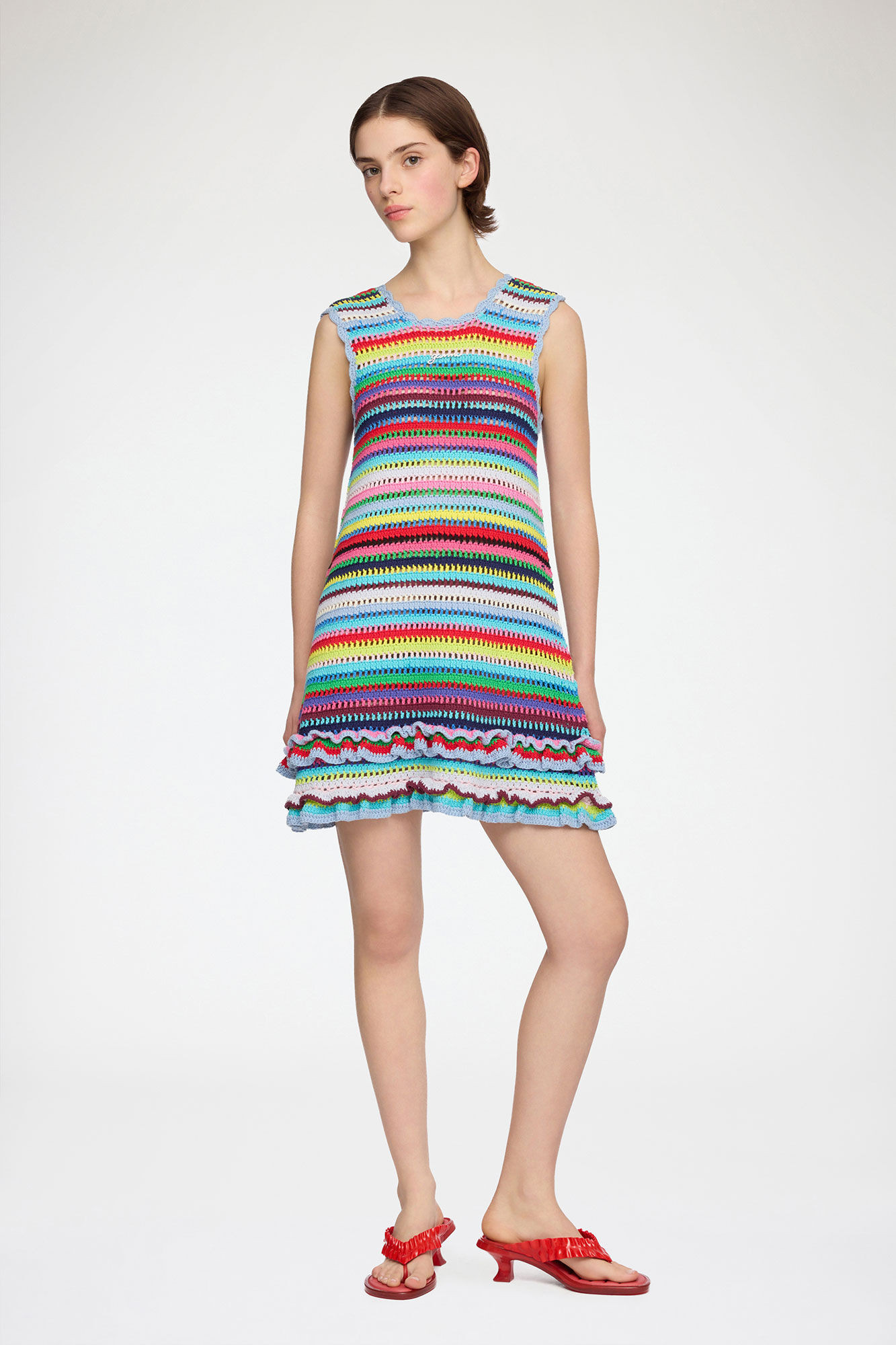 GANNI Mixed Dress in Striped Crochet - Size XXS Organic Cotton | Ganni