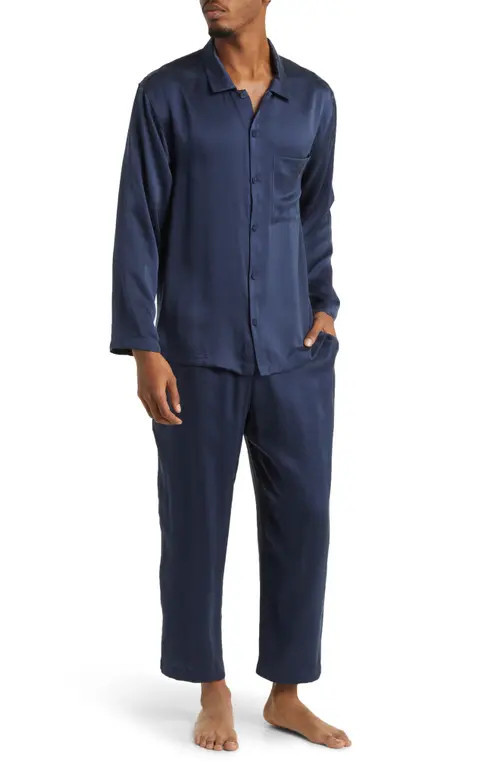 Lunya Long Sleeve Washable Silk Pajamas in Deep Blue at Nordstrom, Size X-Large | Nordstrom