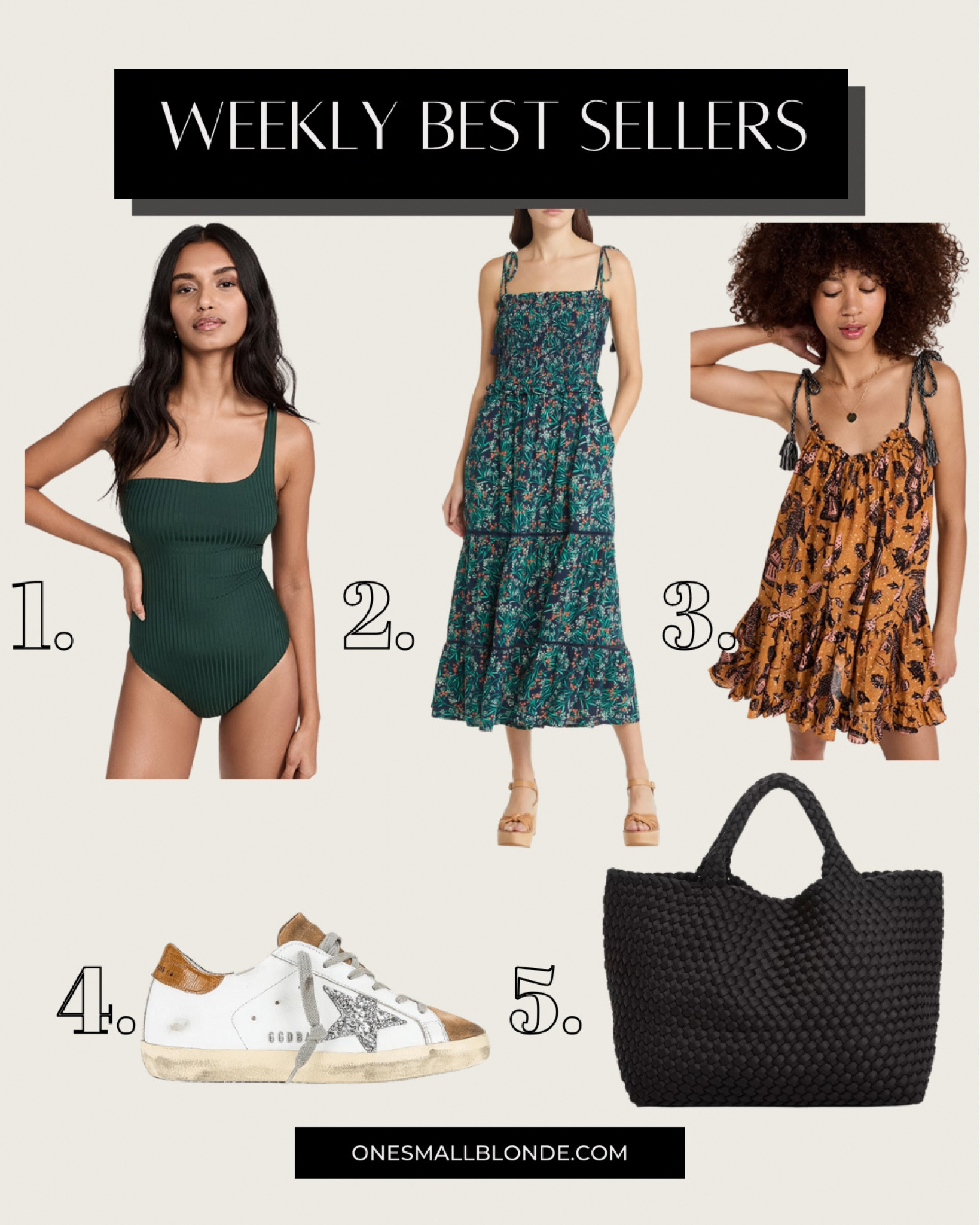 Weekly best sellers🤍 One shoulder swimsuit, floral midi dress, Ulla Johnson dress, Golden Goose sneakers, & Naghedi tote. 

#LTKstyletip #LTKswim #LTKtravel