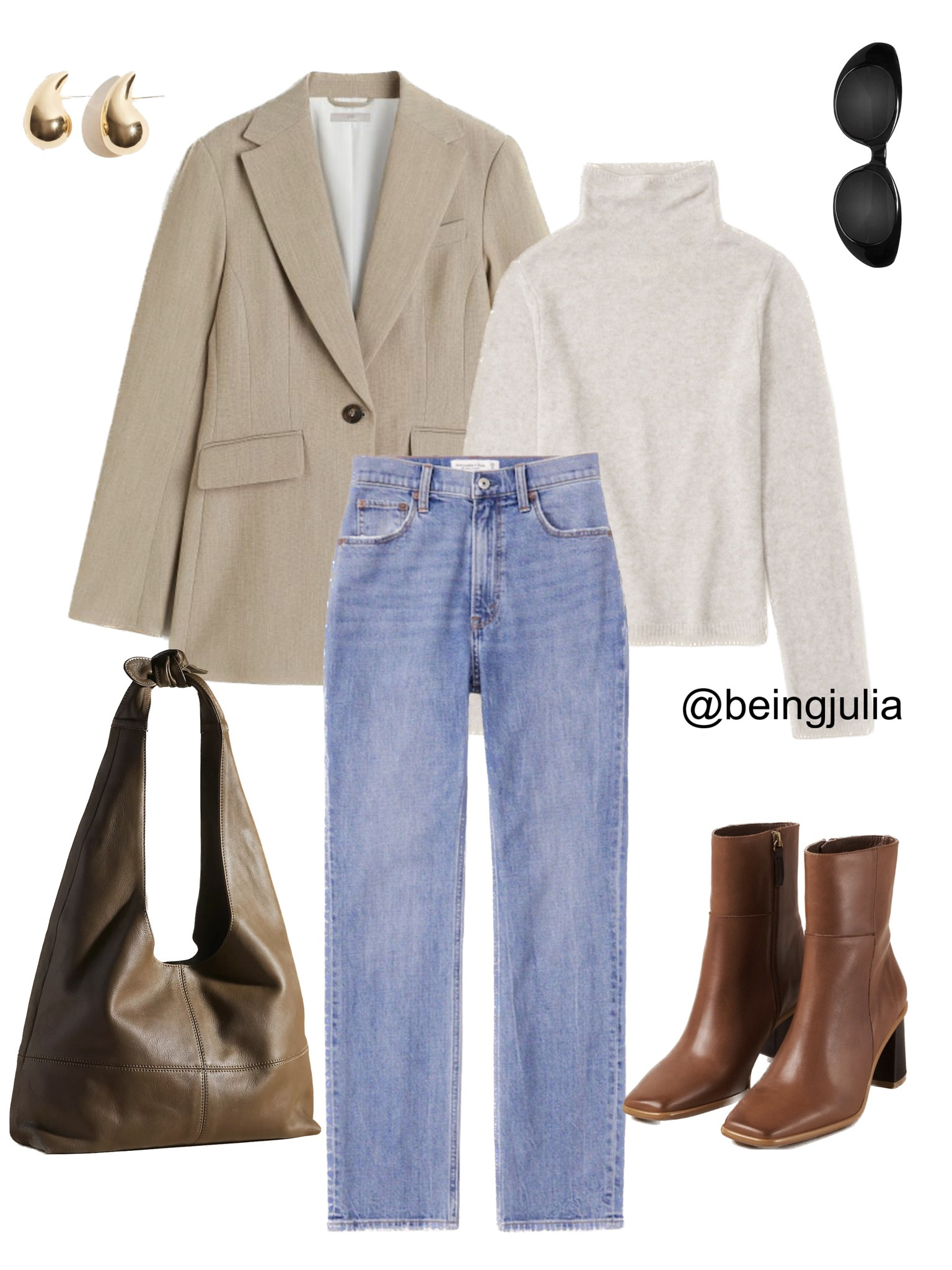 Fall outfit inspiration - details below:

-H&M beige fitted blazer in woven fabric with notched lapels. One button at front, welt front pockets with flap, and decorative buttons at cuffs. Vent at back. Satin lining.
-Merino wool blend turtleneck sweater from Abercrombie. Slim-fitting sweater in our fuzzy merino wool-blend fabric, featuring a wedge-fit silhouette, textural stitching details throughout and turtleneck detail.
-Abercrombie ultra high rise ankle straight jeans with built-in stretch for superior comfort. This jean features our highest rise that sits at your natural waist, is fitted at the top of body and relaxes at the knee for a straight-leg look. With refined details and a vintage feel from top to bottom, this style is cropped to show a little ankle—and your favorite shoes. Features a medium wash and slightly distressed hem.
-Brown leather ankle boots with contrast block heel. Crafted from brown leather and set atop a comfortable contrast block heel, their sleek, slim-line silhouette pairs well with all your fall favorites and summer staples alike.
-Slouchy leather knotted shoulder bag from Anthropologie. Leather with a cotton lining, one inner zip pocket and clasp closure.
-Oversized Drop Stud Earrings in gold from Dynamite. 
-Celine Triomphe 52mm sunglasses in black acetate. 


#LTKstyletip #LTKSeasonal #LTKSale