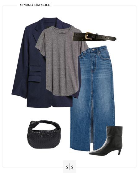 Ways to wear a navy suit blazer jacket | denim midi skirt, grey tee, woven handbag, ankle boot. See more ways to style capsule items on thesarahstories.com ✨ Spring outfit idea 

#LTKFind #LTKstyletip