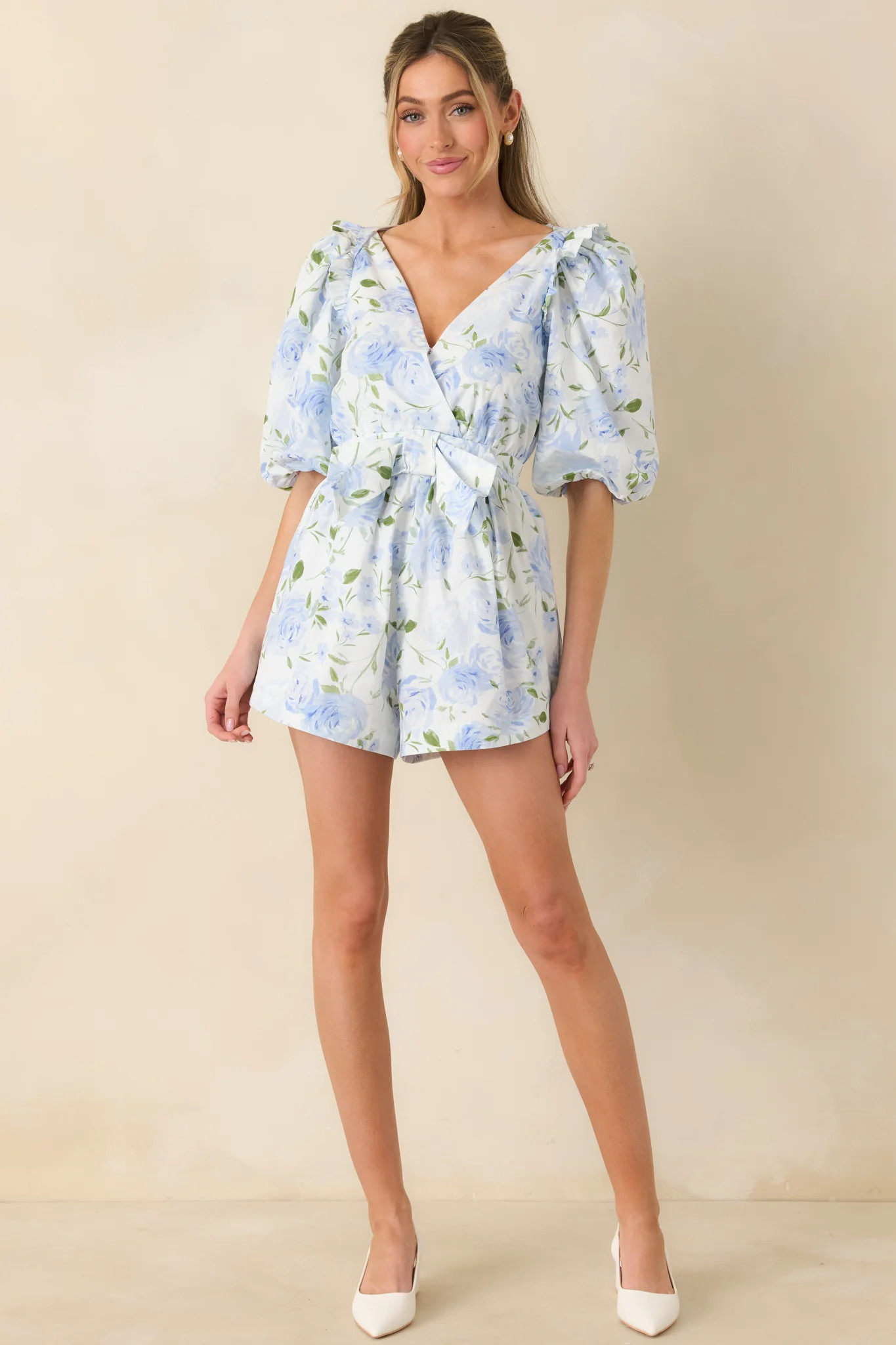 Prosperina Atalanta Light Blue Floral Print Cotton Puff Sleeve Romper | Red Dress