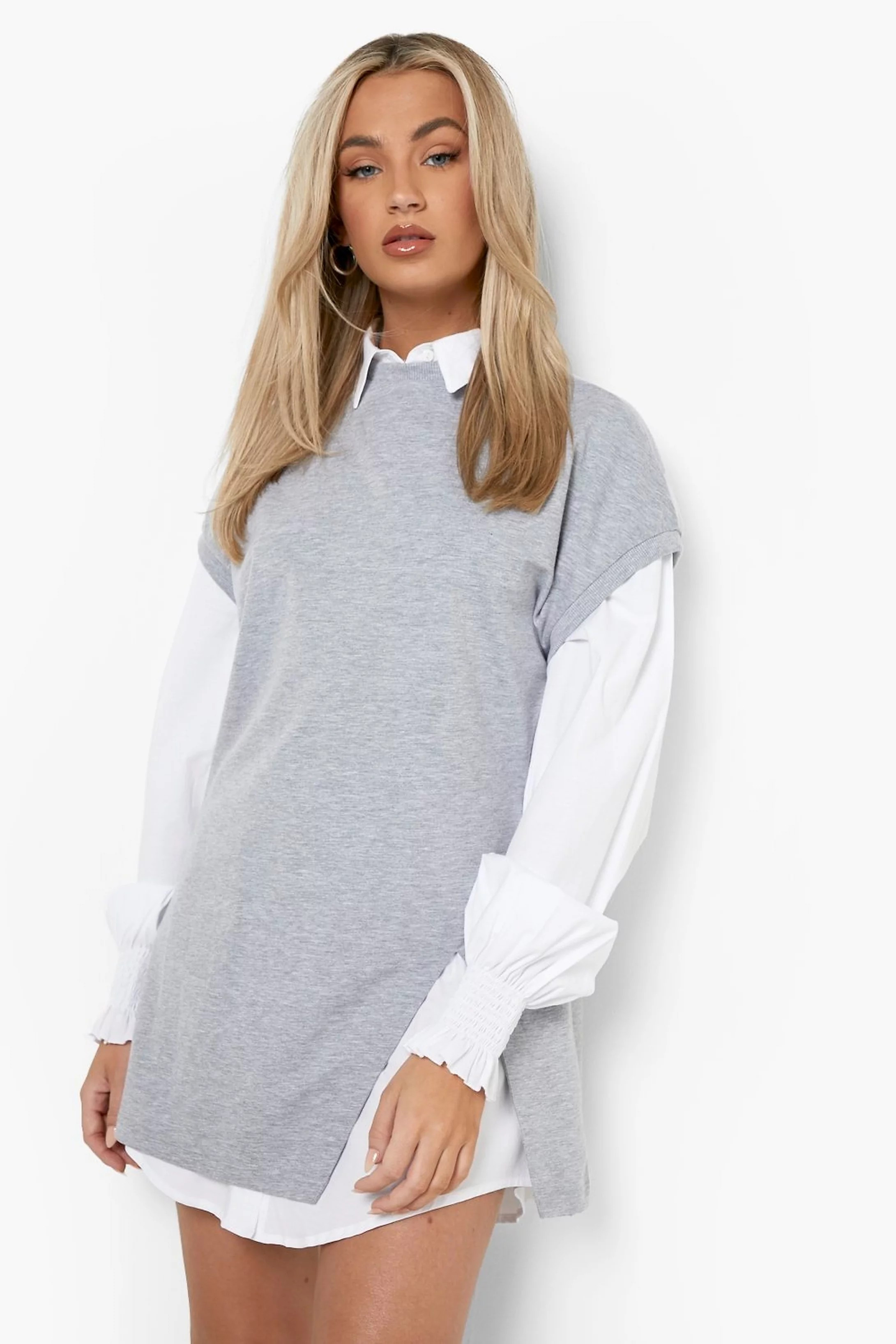 2 In 1 Sleeveless Split Hem Sweat Dress | Boohoo.com (US & CA)