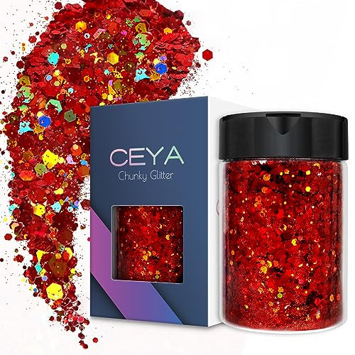 Ceya Holographic Chunky Glitter 4.9oz/ 140g Red Glitter Craft Roses Glitter Powder Mixed Chunky Flakes Iridescent Nail Sequins for Nail Art,Hair,Epoxy Resin,Tumbler,Slime,Painting,Festival Decor | Amazon (US)