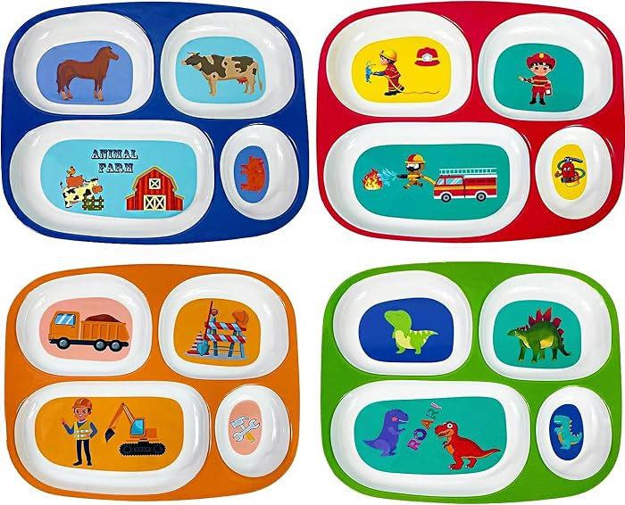 4E's Novelty Set of 4 Melamine Dinner Plates for Kids Boys - Divided Plates for Picky Eater, BPA Free, Toddler Eating Essentials, Boy Dinnerware Set | Amazon (US)