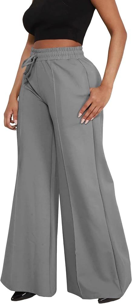 Women Casual Wide Leg Pants Drawstring Flowy Joggers Baggy Lounge Sweatpants with Pockets | Amazon (US)