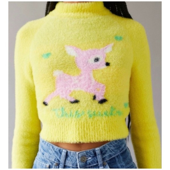 URBAN OUTFITTERS Cleo “This Sucks” Fuzzy Yellow Deer Sweater | Poshmark