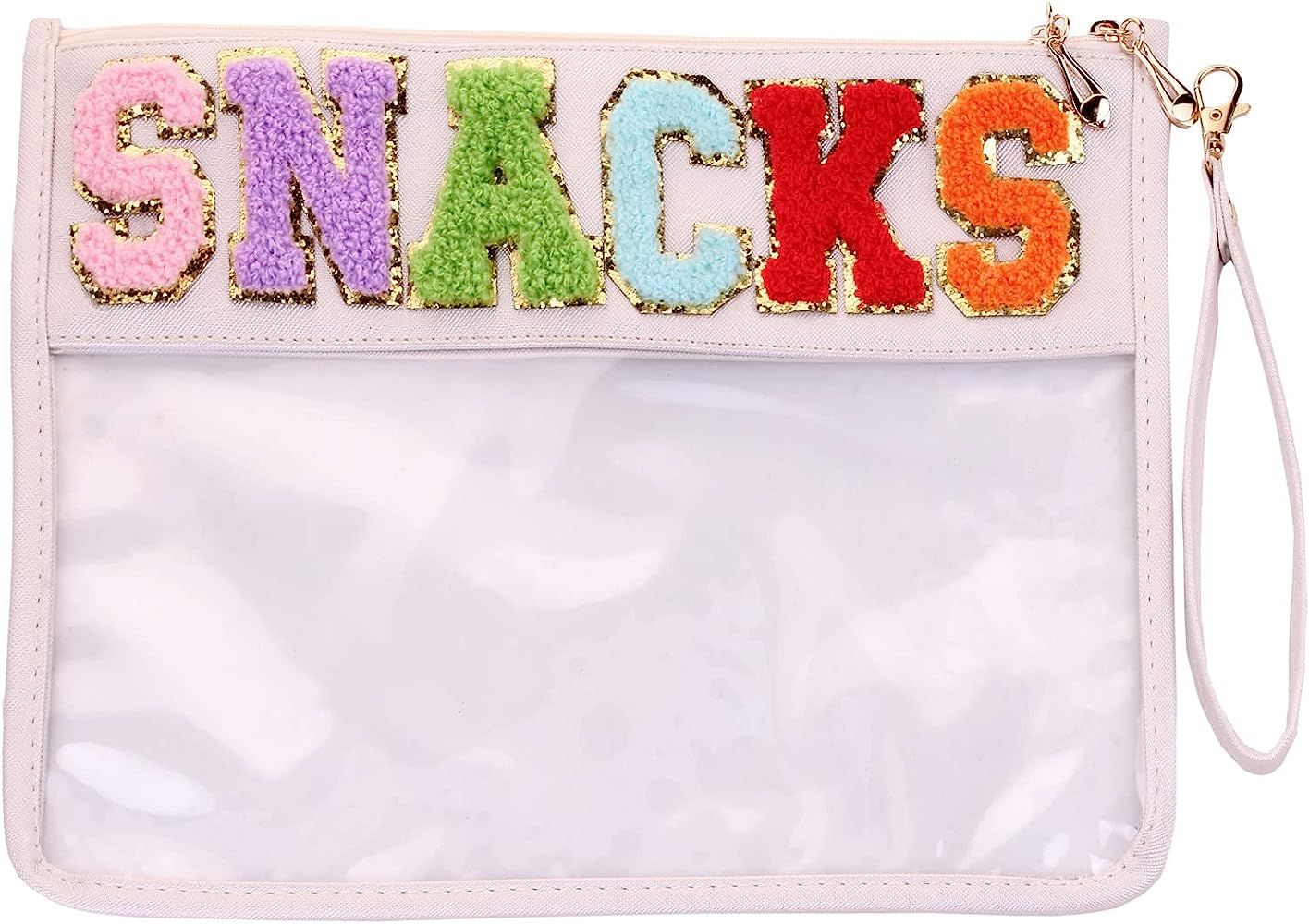 Multi-purpose Chenille Letters Patch Pouch Clear Handbag PU Cosmetic Bag with Wrist Strap,Makeup Tra | Amazon (US)