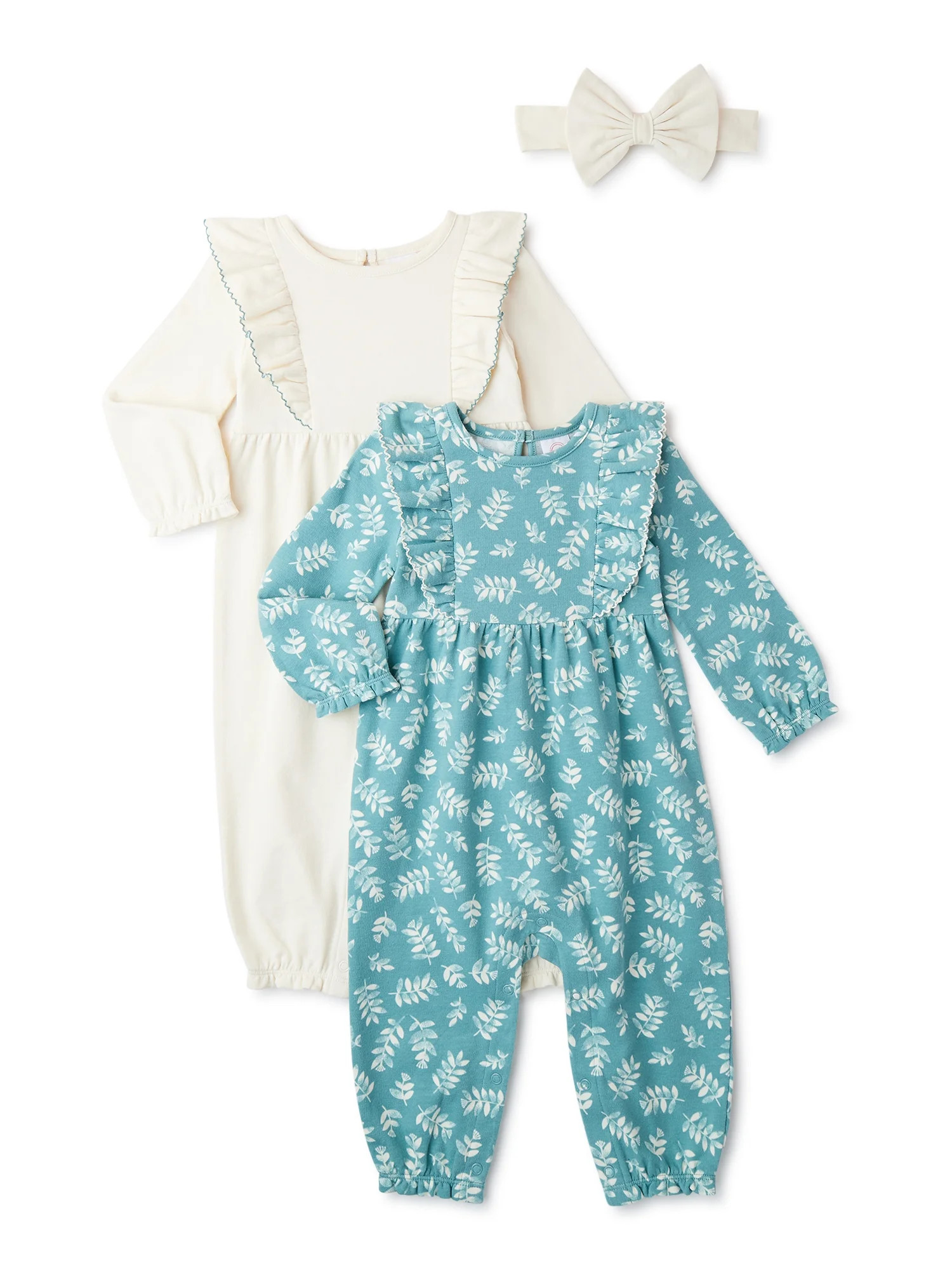 Wonder Nation Baby Girl Rompers with Long Sleeves and Headband, 2-Pack, Sizes 0/3-24 Months | Walmart (US)