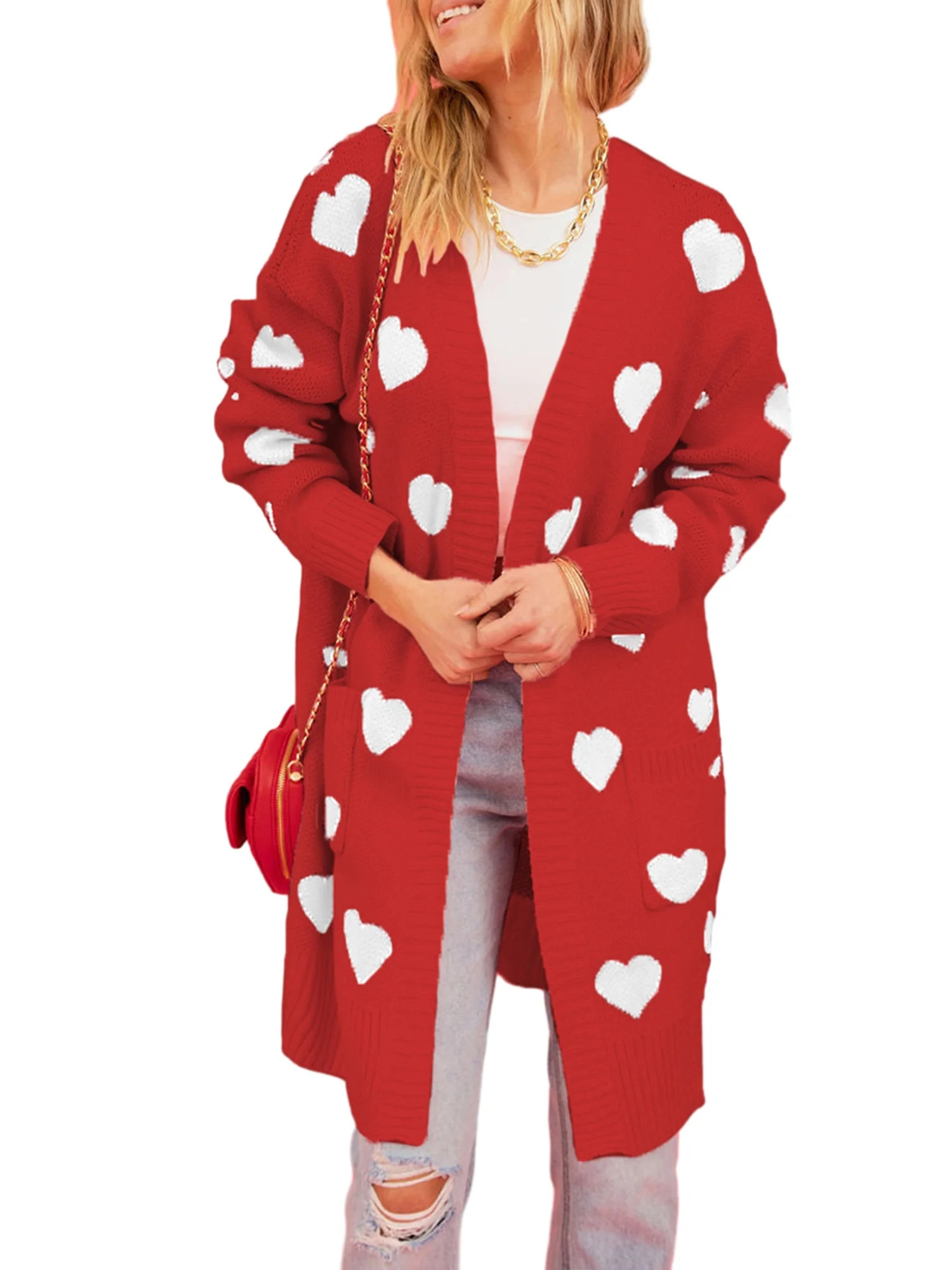 GXFC Women Valentine's Day Open Front Duster Sweaters Casual Heart Print Long Knitted Cardigans W... | Walmart (US)