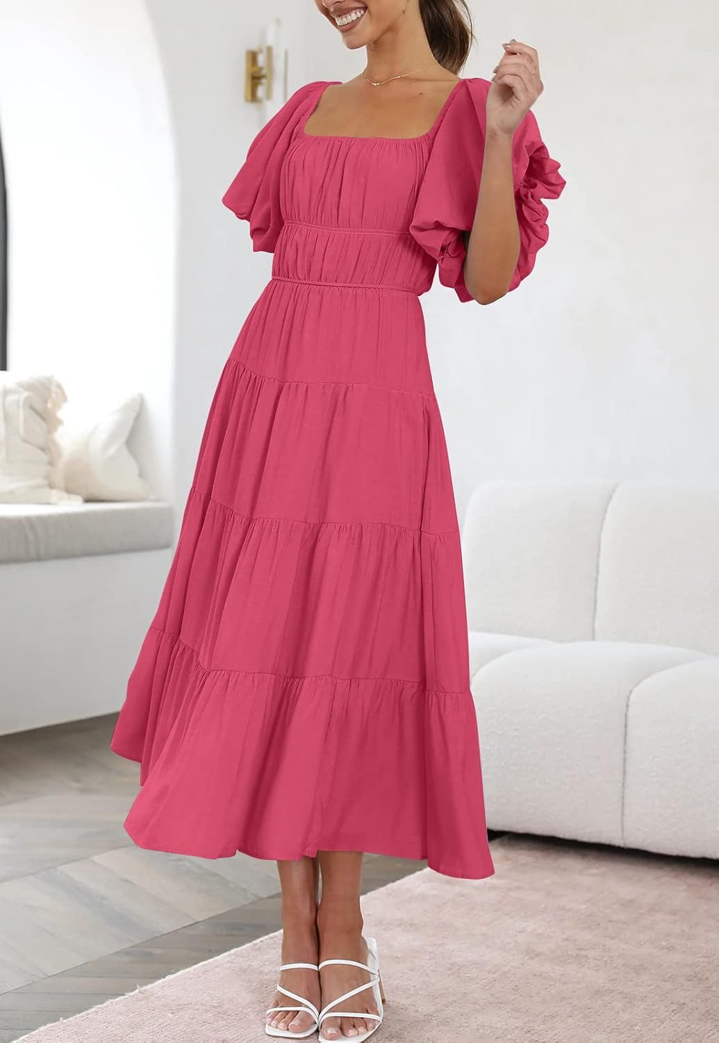 LILLUSORY Off The Shoulder Dresses for Women 2023 Summer Smocked Midi Dress | Amazon (US)