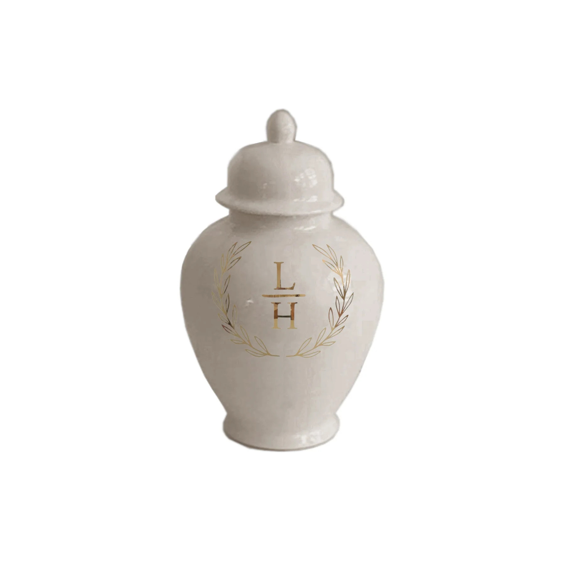 Laurel Wreath Monogram Ginger Jars in Beige | Lo Home by Lauren Haskell Designs