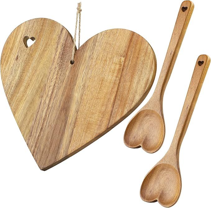 Shojoy Valentine's Day Heart Shaped Wood Cutting Board with 2 Big Wood Spoons 13.7 x 11.8 Inch Se... | Amazon (US)
