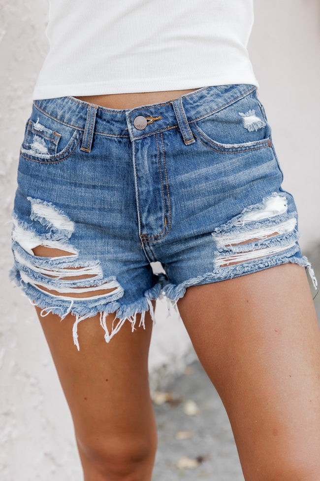No More Wishing Dark Wash Denim Shorts | Pink Lily