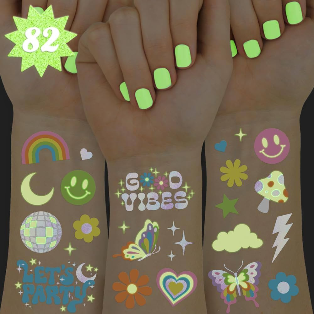 xo, Fetti Groovy Disco Glow in Dark + Foil Temporary Tattoos - 82 pc | Flower Power Birthday Part... | Amazon (US)