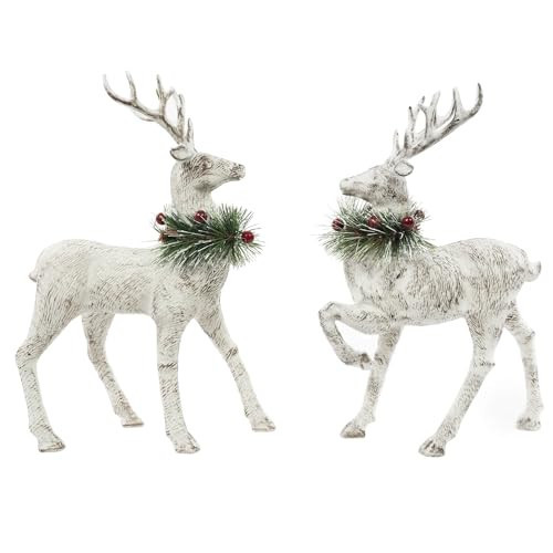 Christmas Reindeer Figurines Holiday Decoration White Deer Stag Standing Indoor Decorative Ornaments with Green Pine Wreath For Xmas Winter Fireplace Desk Party Wonderland Decor, 12", 2packs | Amazon (US)