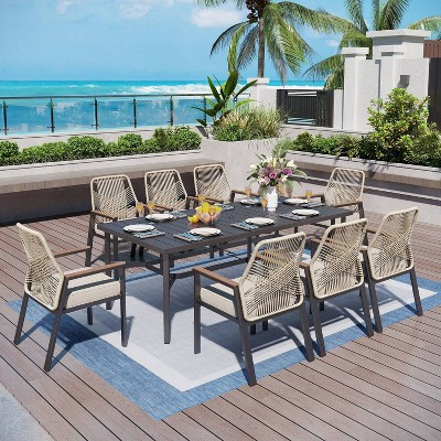 Captiva Designs 9pc Outdoor Dining Rectangle Steel Table and Thick Cushion Fixed Wicker Chairs Li... | Target
