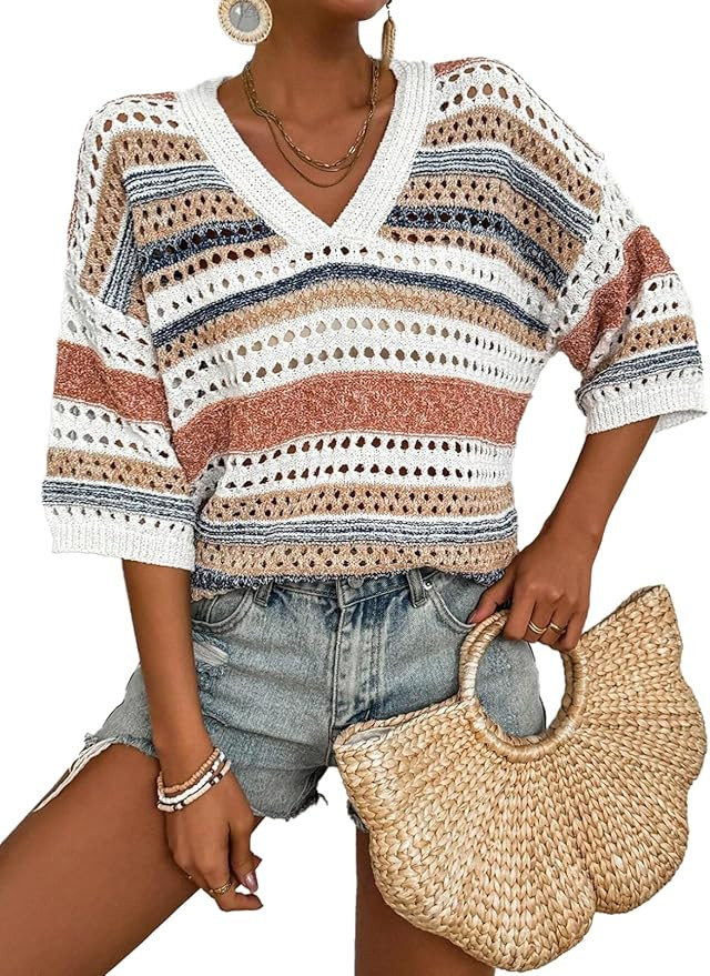 Acelitt Womens Short Sleeve Crochet Knit Sweater Hollow Out Striped Tops Beach Vacation Cruise Ou... | Amazon (US)