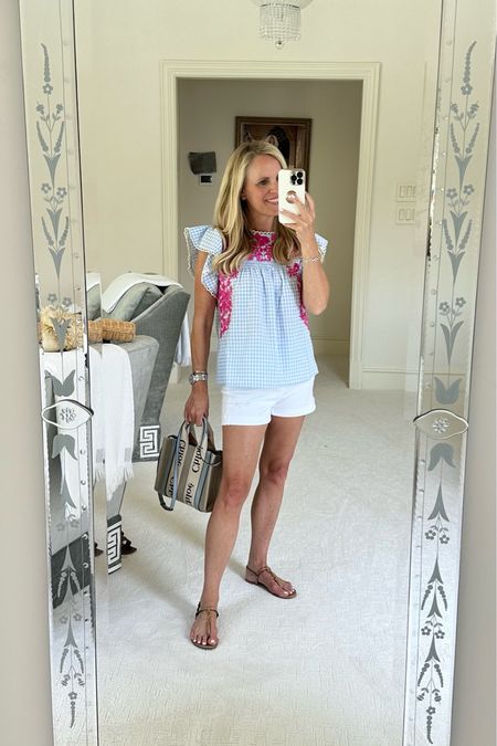 Beautiful, Mexican embroidered top on blue and white gingham check from Avara fits true to size

White denim shorts fit true to size 
All under $100 
Chloe mini Woody tote 
YSL Tan sandals 


#LTKunder100 #LTKFind #LTKstyletip