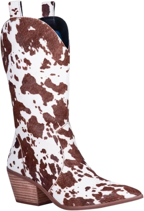 Cowboy Boots for Women Cowgirl Boots Wide Calf Pointed Toe Cow Printed Fashion Western Chunky Kne... | Amazon (US)