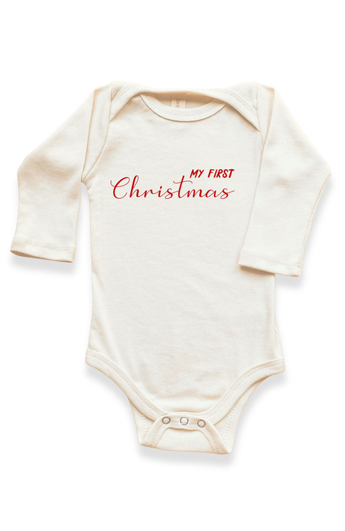 Tenth & Pine My First Christmas - Organic Long Sleeve Baby Bodysuit in Natural Red Lettering at Nordstrom, Size 0-3M | Nordstrom